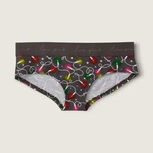 Victoria's Secret PINK Logo Script Hipster Panty Gray Christmas Lights NEW